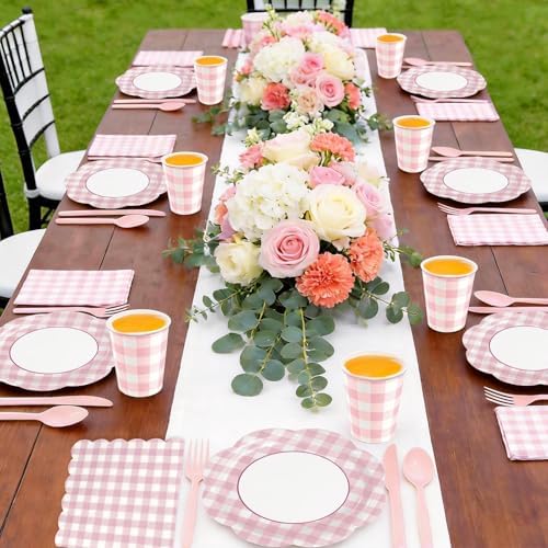 168Pcs Pink Gingham Scalloped Paper Plates and Napkins Set for 24 Guests - Image 4