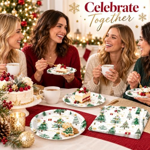 50PCS Happy Birthday Plates and Napkins, 7inch Colorful Dots Cake Dessert Plates Disposable Paper Dinnerware Set Party's Supplies Decorations (Xmas, 7 Inch) - Image 6