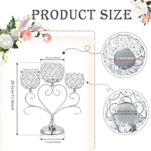 2 Pcs 3-Arm Heart Tea Light Candle Holder - Crystal & Metal Wedding Centerpiece Decor, Sparkling Table Decor for Anniversaries/Romantic Tabletop Home/Dinner Party/Events (2, Silver) - Image 2