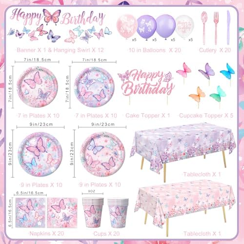 Butterfly Birthday Decorations, Girls Birthday Supplies - Plates, Napkins, Cups, Cutlery, Cake & Cupcake Toppers, Banner, Hanging Swirls, Tablecloth, Balloons for Butterfly Party Decorations, Serve 20 - Image 2
