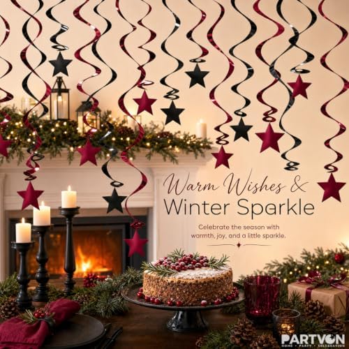 Burgundy Black Hanging Swirl Decorations 32ct with Star Cutouts - Image 7