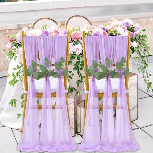 QueenDream Light Purple Chair Sashes 24 Pieces Sheer Chairs with Artificial Eucalyptus Designed Decorative Soft Chair Covers for Wedding Aisle Chairs Decoration - Image 4