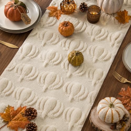 Fall Table Runner 13x72 Inch Soft Plush Faux Fur Jacquard Beige Pumpkin Table Runner, Seasonal Autumn Kitchen Dining Table Decoration for Home Party Decor ZR009A72 - Image 5