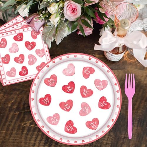 96 Pieces Valentine’s Day Tableware Set – Red and Pink Heart Message Disposable Plates, Napkins, Forks For Valentine’s Parties, Weddings, Anniversaries, Romantic Dinners – Serves 24 Guests - Image 4