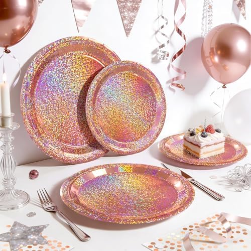 Rose Gold Party Decor, 75 Pcs Iridescent Paper Plates and Napkins Set - Image 7