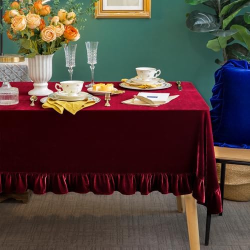 GLORY SEASON Velvet Tablecloth Luxurious Solid Rectangle Table Cloth,Oblong Retro Farmhouse Ruffle Tablecloths Washable Table Cover for Party Wedding Baby Shower Kitchen Dinning Tabletop Decoration by GLORYSEASON