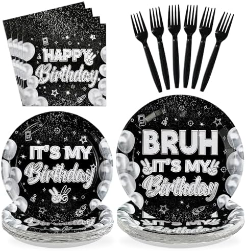 96pcs Black and White Bruh Birthday Party Decorations, Serves 24 by Greencian
