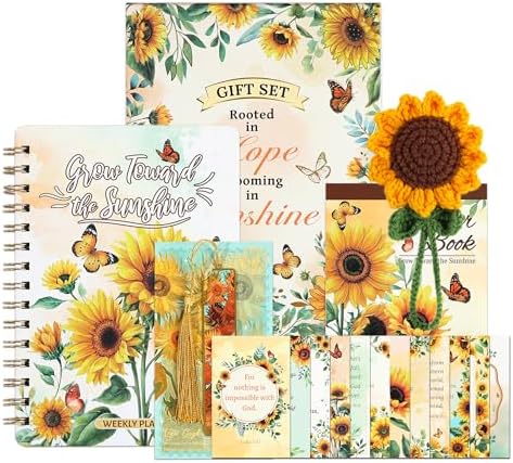 Sunflower Planner Gift Set for Women - 1 Sticker Book of 600+ Stickers, 1 Weekly Planner, 1 Crochet Keychain, 1 Metal Bookmark, 12 Prayer Cards, Gift for Women Men Teens Christian Birthday Mothers Day by VYRANA