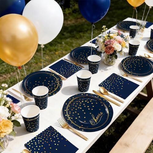168Pcs Blue and Gold Paper Plates and Napkins Party Supplies for 24 Guest - Image 7