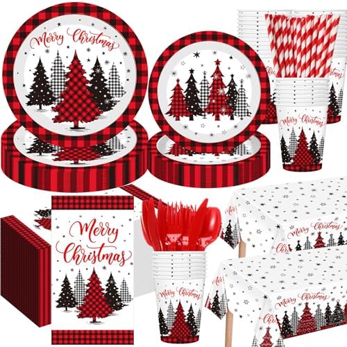 Funnymoom 452 Pcs Christmas Tree Party Supplies for 50, Red Buffalo Plaid Gingham Christmas Paper Plates Napkins Cups Tablecloth Cutlery Straws Tableware Set for Xmas Holiday Party Decorations by Funnymoom