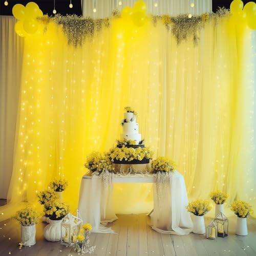 10ft x 10ft Yellow Backdrop Curtain with Lights String for Parties, Sheer Tulle Wedding Photo Backdrops Drapes for Baby Shower Birthday Party Decorations Background for Photography - Image 2