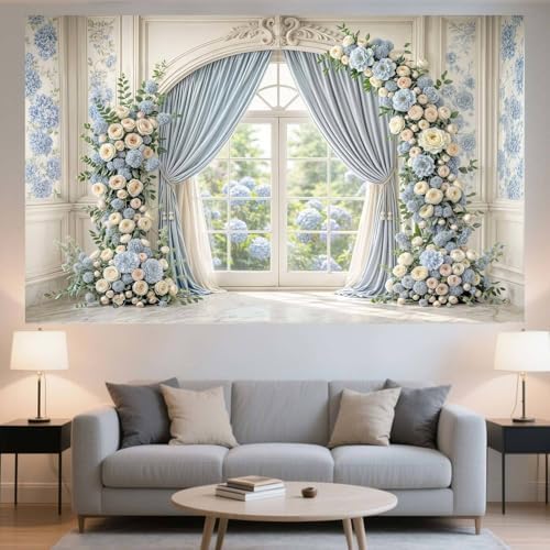 15X10ft Light Blue Floral Wedding Backdrop Luxury Palace Window Elegant Rose Arch Photography Background Blue Flower Birthday Baby Shower Bridal Party Portrait Photo Booth Props - Image 4