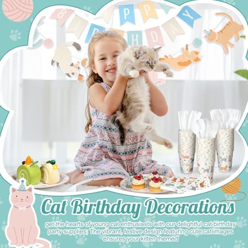 Qinyoung 176 Pcs Cat Birthday Party Supplies Disposable Tableware Set Serves 25 Cute Kitten Themed Paper Plates Napkins Cups Cutlery with Banner for Birthday Decorations - Image 5