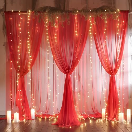 20ft x 10ft Red Backdrop Curtain with Lights String for Parties, Sheer Tulle Wedding Photo Backdrops Drapes for Baby Shower Birthday Party Decorations Background for Photography - Image 3