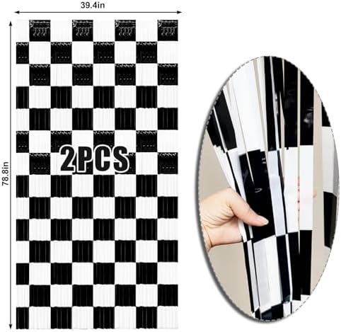 2 Packs Race Car Foil Fringe Curtain, Black White Checkered Glitter Metallic Tinsel Backdrop for Birthday, Baby Shower, Racing Car Truck One Happy Dude Party Decorations Supplies - Image 6
