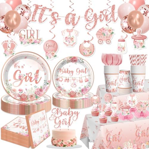 213Pcs Floral Girl Baby Shower Decorations Tableware Set, 25 Serves by Unknown