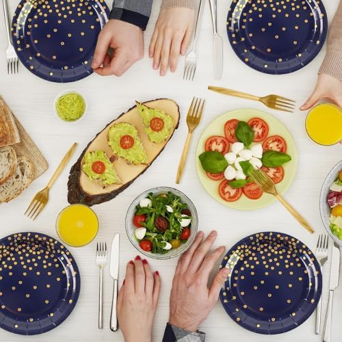 75PCS Blue and Gold Paper Plates and Napkins Party Supplies Blue Gold Dessert Plates Navyblue Napkins Disposable Paper Tableware Set for Birthday Retirement Baby Shower Parties Decor Serves 25 - Image 6