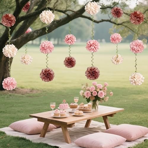 Dusty Pink Party Decorations Rose Gold Dusty Pink Beige Tissue Paper Flowers Pom Pom with Leaf Ribbon Hanging Garland Streamer for Birthday Wedding Shower Bridal Shower Engagement Party Supplies - Image 6