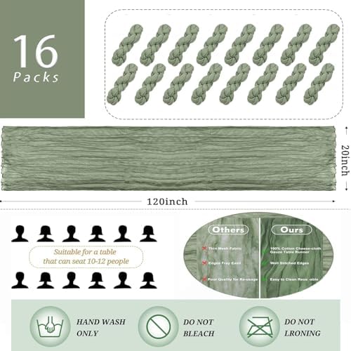 16 Pack Sage Green Cheesecloth Table Runner 20 x 120 inch Gauze Table Runners 10 FT Long,Semi Sheer Boho Cheese Cloth Fabric Table Runner Bulk for Wedding,Party,Baby Shower,Bridal Shower Decoration - Image 2