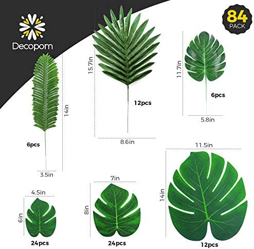 Decopom Palm Leaves Artificial Tropical Monstera-84Pcs 6 Kinds Large Small Green Fake Palm Leaf with Stems for Safari Jungle Hawaiian Luau Party Table Decoration Wedding Birthday Theme Party - Image 2