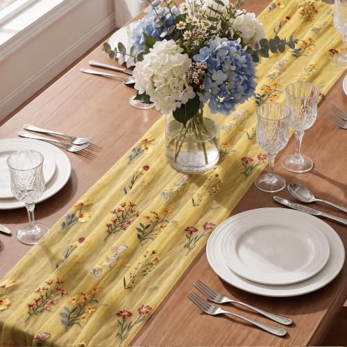 Artoid Mode Wildflower Yellow Gauze Embroidery Table Runner 120 Inch 10FT - Image 5