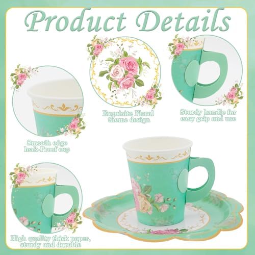 200Pcs Floral Tea Cups and Saucers for Tea Party Supplies, Disposable Tea Cups with Handle and Paper Napkins Dinnerware for Floral Theme Birthday Wedding Bridal Shower Baby Shower(Green) - Image 3
