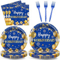 Justforjoyful 96Pcs Happy Work Anniversary Party Supplies Blue Gold Happy Workiversary Tableware Dinnerware Set Worker Appreciation Plates Napkins Decorations for Women Men Office Employee Worker by Justforjoyful