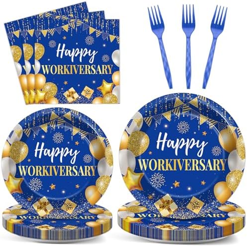 Justforjoyful 96Pcs Happy Work Anniversary Party Supplies Blue Gold Happy Workiversary Tableware Dinnerware Set Worker Appreciation Plates Napkins Decorations for Women Men Office Employee Worker by Justforjoyful