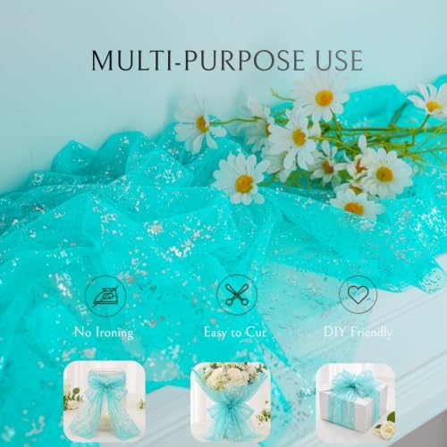 3Pcs Aqua Silver Table Runner 10Ft Metallic Foil Shimmer Sheer Gauze Decor - Image 6
