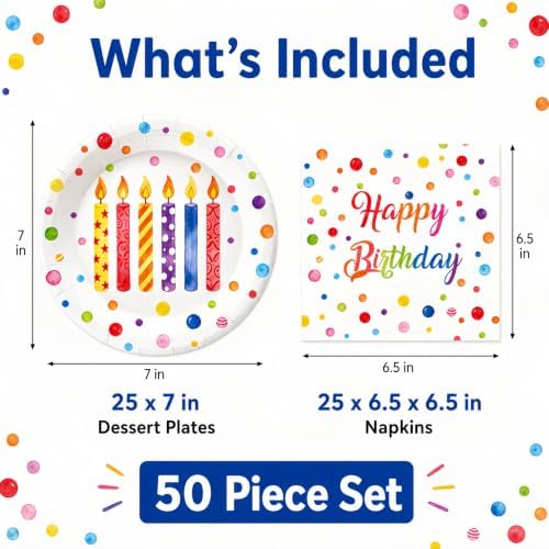 50 Pcs Birthday Plates and Napkins Set, 7 Inch Colorful Party Supplies - Image 2