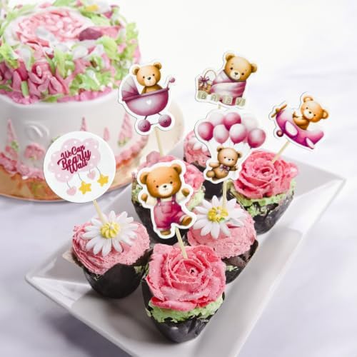 Gyufise 36Pcs Bear Cupcake Toppers Bear Cupcake Picks Baby Carriage Bottle Balloon We can Bearly Wait Cake Decorations for Baby Shower Gender Reveal Kids Birthday Party Supplies Pink Coffee - Image 4