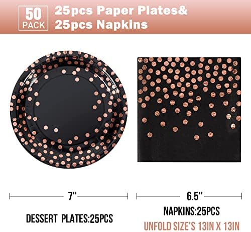 Black Rose Gold Paper Plates and Napkins Party Supplies for Birthdays 50Pcs - Image 2