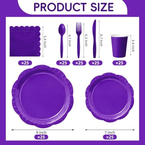 Deep Purple Party Dinnerware Set, 175 Pcs Disposable Decagonal Paper Plates, Cups, Napkins and Plastic Cutlery, Serves 25 for Halloween, Birthday and Wedding Parties - Image 2