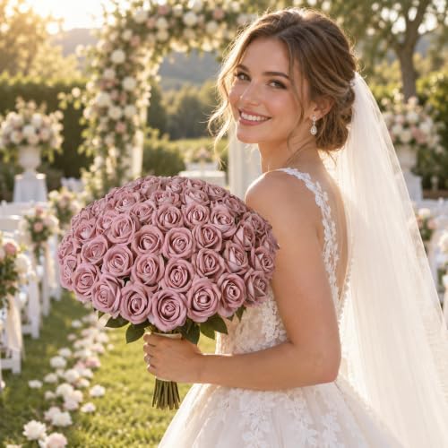 50 PCS Dusty Roses Artificial Flowers, Fake Roses with Stem Realistic Silk Roses for DIY Wedding Bouquets Tables Centerpieces Arrangements Baby Shower Birthday Home Decor Valentine's Day Gift for Her - Image 2
