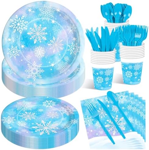 175 Pcs Snowflake Winter Wonderland Tableware Set - Serves 25, Snowflake-Themed Disposable Plates, Cups, Napkins, Forks, Spoons, Knives for Christmas, Winter Party Supplies, Holiday Gatherings by Jremreo