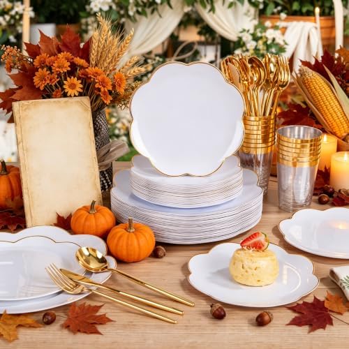 ejonirinjonir 180pcs Elegant White Plastic Plates with Gold Rim for Wedding - Image 4