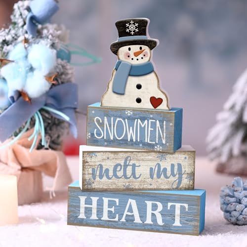 Moucuny 4 Pcs Snowman Block Signs Farmhouse Table Decoration Wood - Image 2