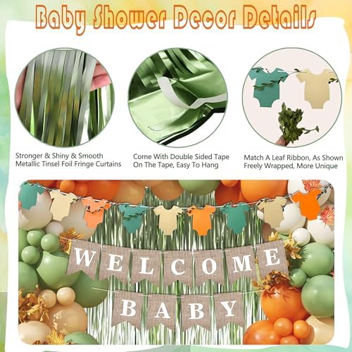 Orange Green Baby Shower Decorations-Welcome Banner Sage Green Sand White Confetti Balloon 'Oh-Baby' Cake Topper Fringe Curtains Paper Pom Poms for Boho Neutral Little Cutie Baby Shower Fall Party - Image 3