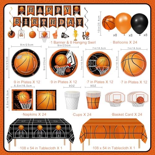 155 PCS Basketball Party Decorations - Basketball Party Supplies - Plates, Napkins, Cups, Basket Card, Banner, Hanging Swirls, Balloons, Tablecloth for Basketball Birthday Party Decorations, Serve 24 - Image 2