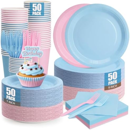Pink and Blue Plates and Napkins Party Supplies, Include 9’’ Disposable Paper Plates, 7’’ Dessert Plates and Cups and Napkins Forks Set for Baby Showers, Birthday, Gender Reveal Party,Serves 50 by CENLBJ