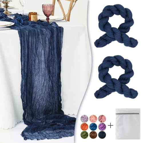 Navy Blue Cheesecloth Table Runner 2 Pack 35" Boho Gauze Table Runner 120 inches Long Runner Rustic Sheer Fabric Bulk for Baby Shower Wedding Bridal Birthday Party Table Decorations by Waligoy