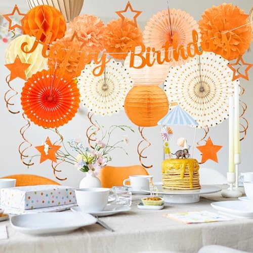 Orange Birthday Party-Decorations - 29pcs Orange Beige FAL Boho Party Decorations for Women Girls, Autumn Sweet Peach Thanksgiving Decorations Happy Birthday Banner Paper Tissue Pom Poms - ZERODECO - Image 6