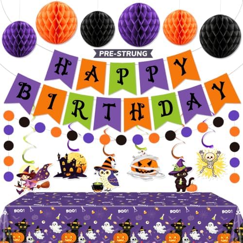 Halloween Birthday Party Decorations - Pre-strung Halloween Decorations Includes Happy Birthday Banner Tablecloth Circle Garland Hanging Swirls Honeycomb Balls for Spooky Themed Decor by Unknown