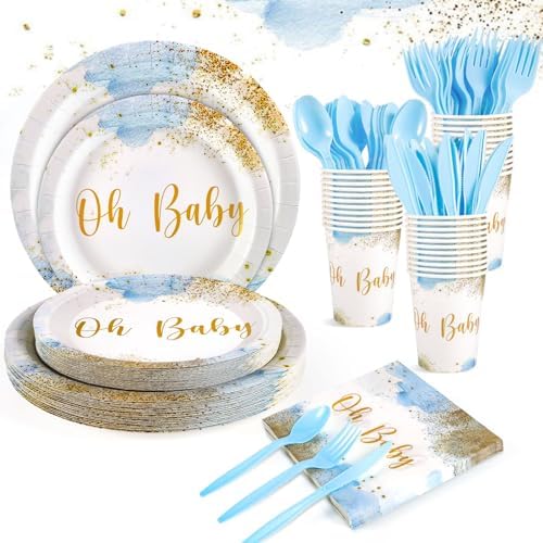 175 Pcs Baby Shower Tableware Set For 25, Dusty Blue Boy Party Supplies by Xiangqu
