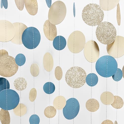 Champagne Gold Dusty Blue Beige Circle Dot Garland Hanging Paper Polka Dot Streamer for Men Birthday Wedding Bridal Shower Retirement Engagement Bachelorette Party Decorations Supplies by pinkblume