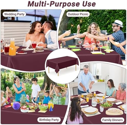 4 PCS Wine Table Cloth Rectangle Table, 54 x 108 Inches Waterproof Plastic Table Cloth Disposable, Picnic Table Cover for Baptism, Picnic, Restaurant, Wedding decor, Fits Rectangle and Round Tables - Image 6