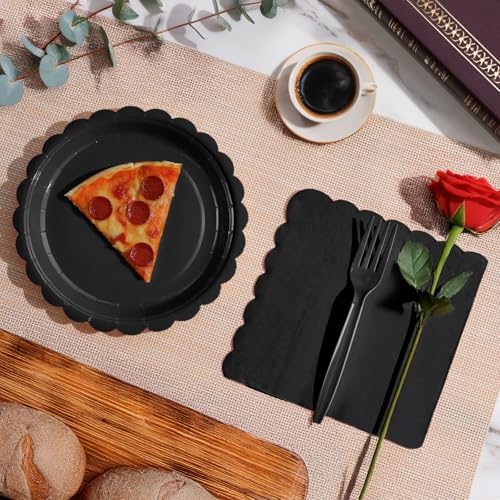 105PCS Black Paper Plates & Napkins Set, 7inch Scallope, with Forks - Image 5