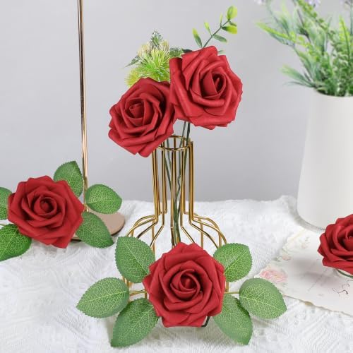 AmyHomie Red Rose 50pcs Real Looking Artificial Flowers w/Stem - Image 6