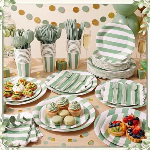 Mimorou 350 Pcs Sage Green and White Striped Party Tableware for 50 - Image 2