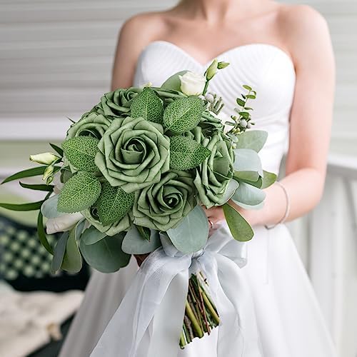 AmyHomie Green Rose 25pcs Real Looking Artificial Flowers w/Stem - Image 3